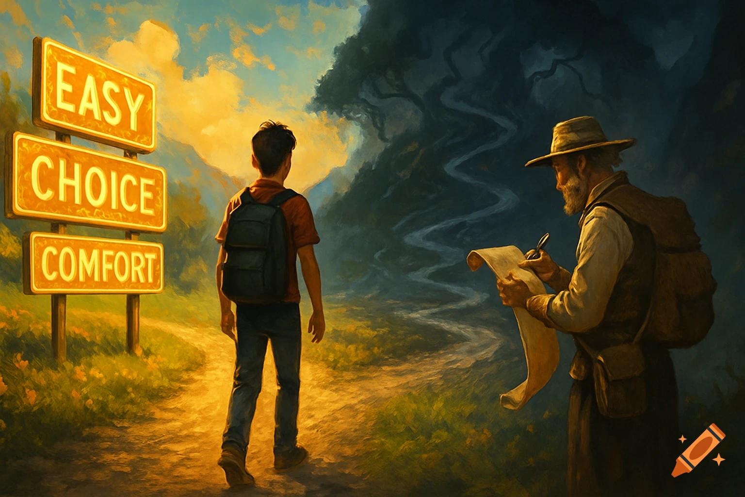 A student at a crossroads, facing a dark path, while an old man writes. Signs for 'EASY, CHOICE, COMFORT' point right. Painterly style.