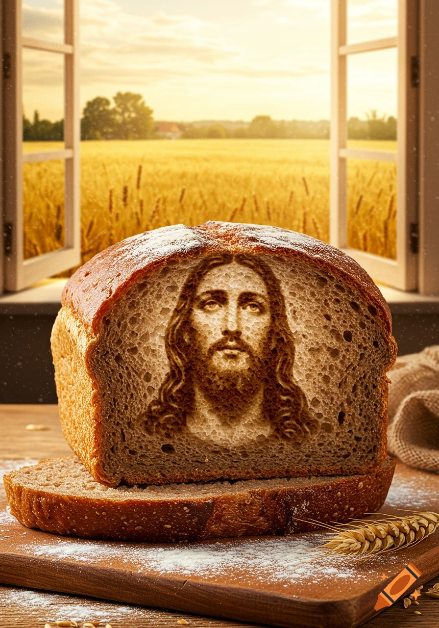 Photorealistic image of a loaf of bread with Jesus's face carved into it, on a cutting board, with a sunny wheat field visible through an open window.
