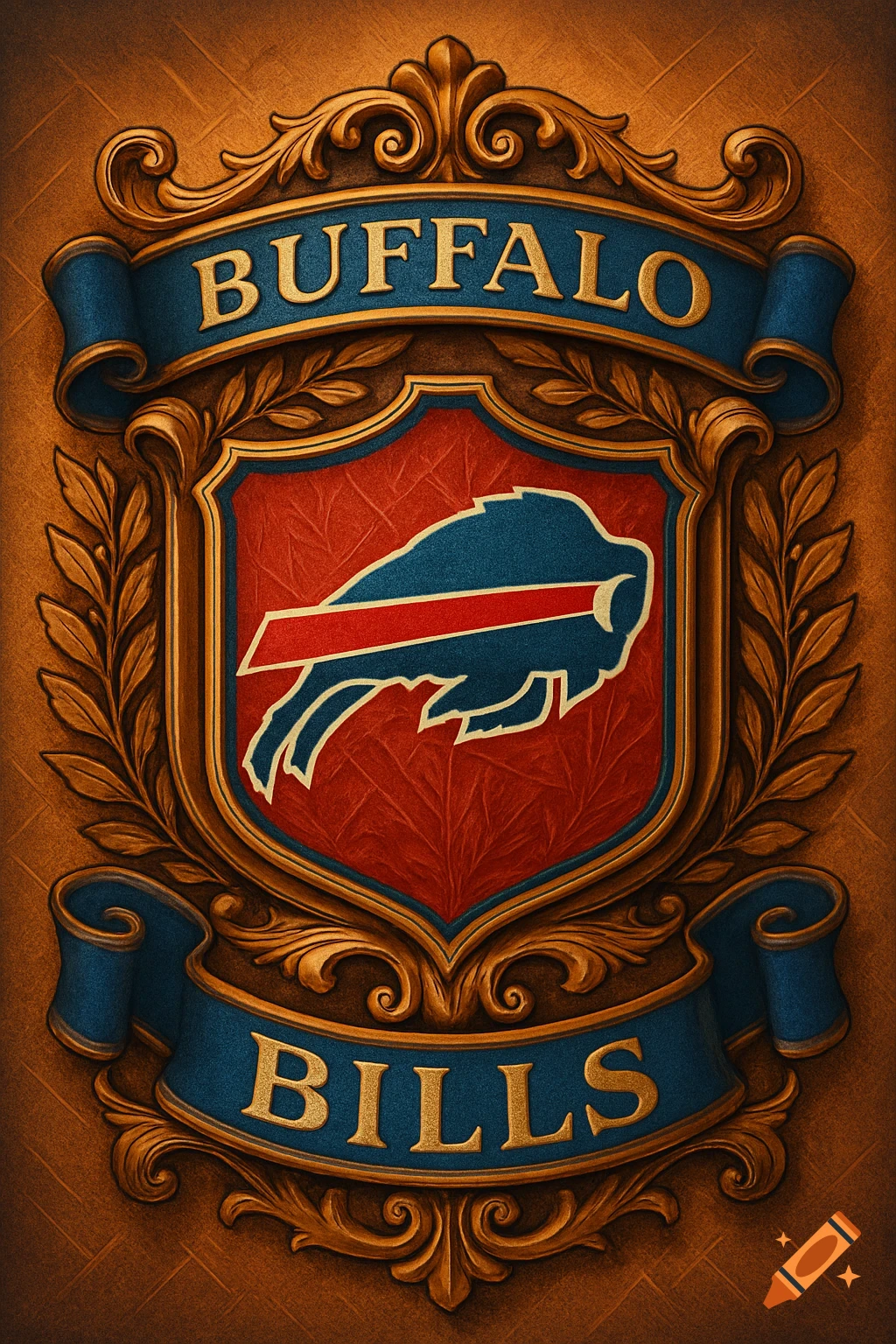 Ornate gold and blue coat of arms with the Buffalo Bills logo on a red shield and 'BUFFALO BILLS' text on banners.
