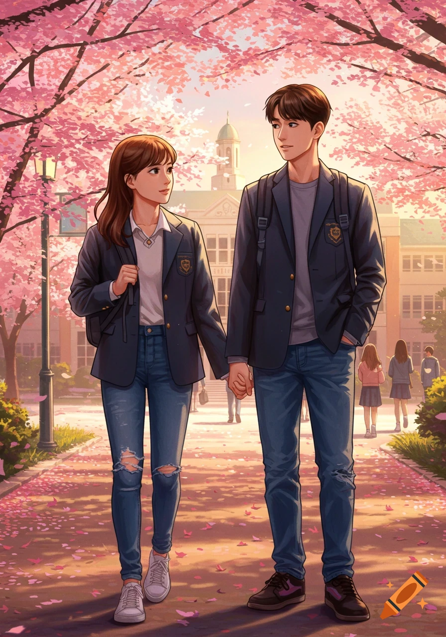 Anime illustration of two students holding hands under pink cherry blossoms on a school path.