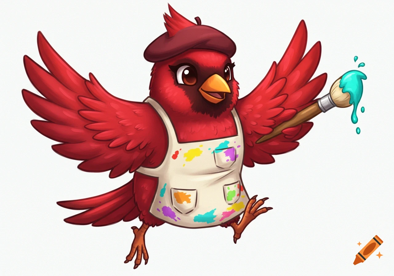 A cute red cartoon cardinal wearing a beret and paint-splattered apron, holding a paintbrush dripping with blue paint.