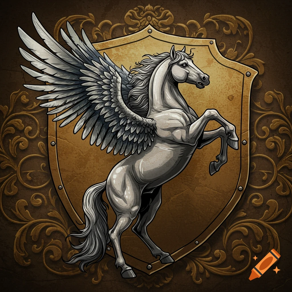 A white winged horse rears up on a golden shield with ornate patterns, on a dark, decorative background.