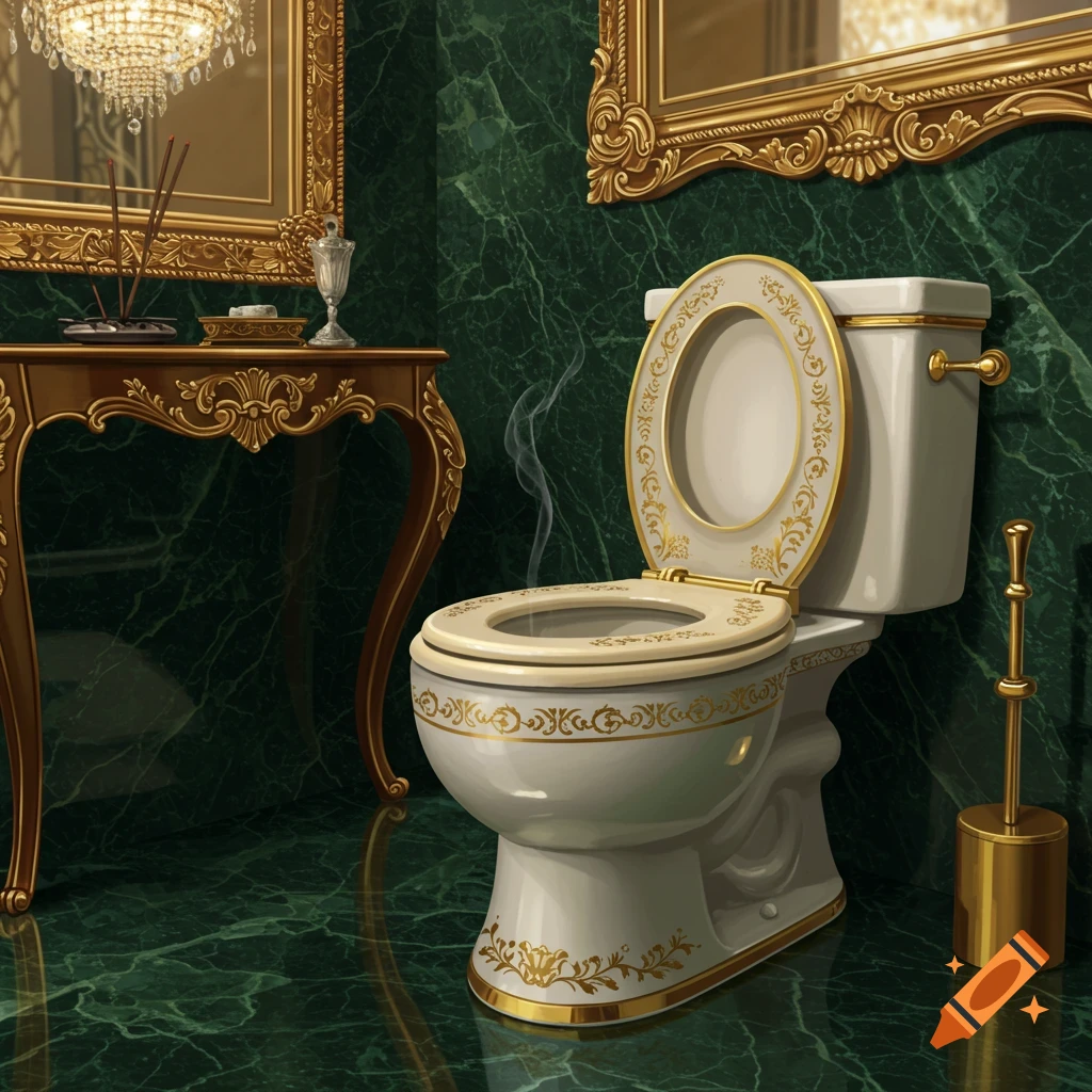 A luxurious toilet with ornate gold accents in a green marble bathroom, featuring a chandelier and gold-framed mirrors.