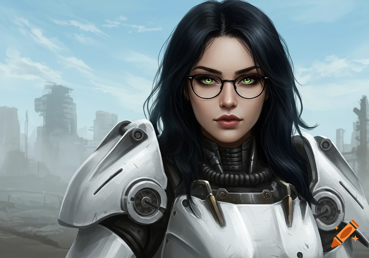 A woman with long black hair, green eyes, and glasses wears white power armor against a ruined city backdrop in a digital painting.
