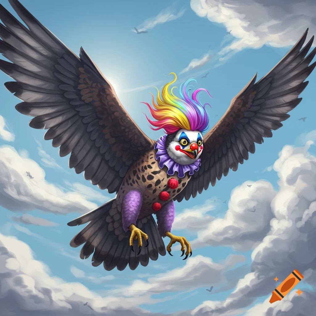 A cartoon falcon with clown makeup, rainbow hair, and a ruffled collar flies in a bright blue sky.