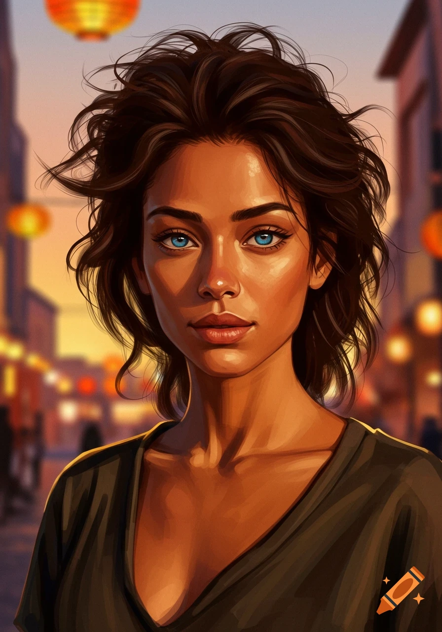 Digital art portrait of a woman with dark unruly hair, bright blue eyes, and a tanned complexion, set against a blurry cityscape at sunset.