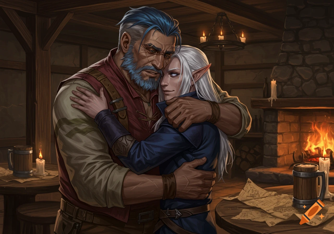 A burly man with blue-grey hair and an elf-like person with long white hair embrace in a dimly lit tavern with a fireplace.