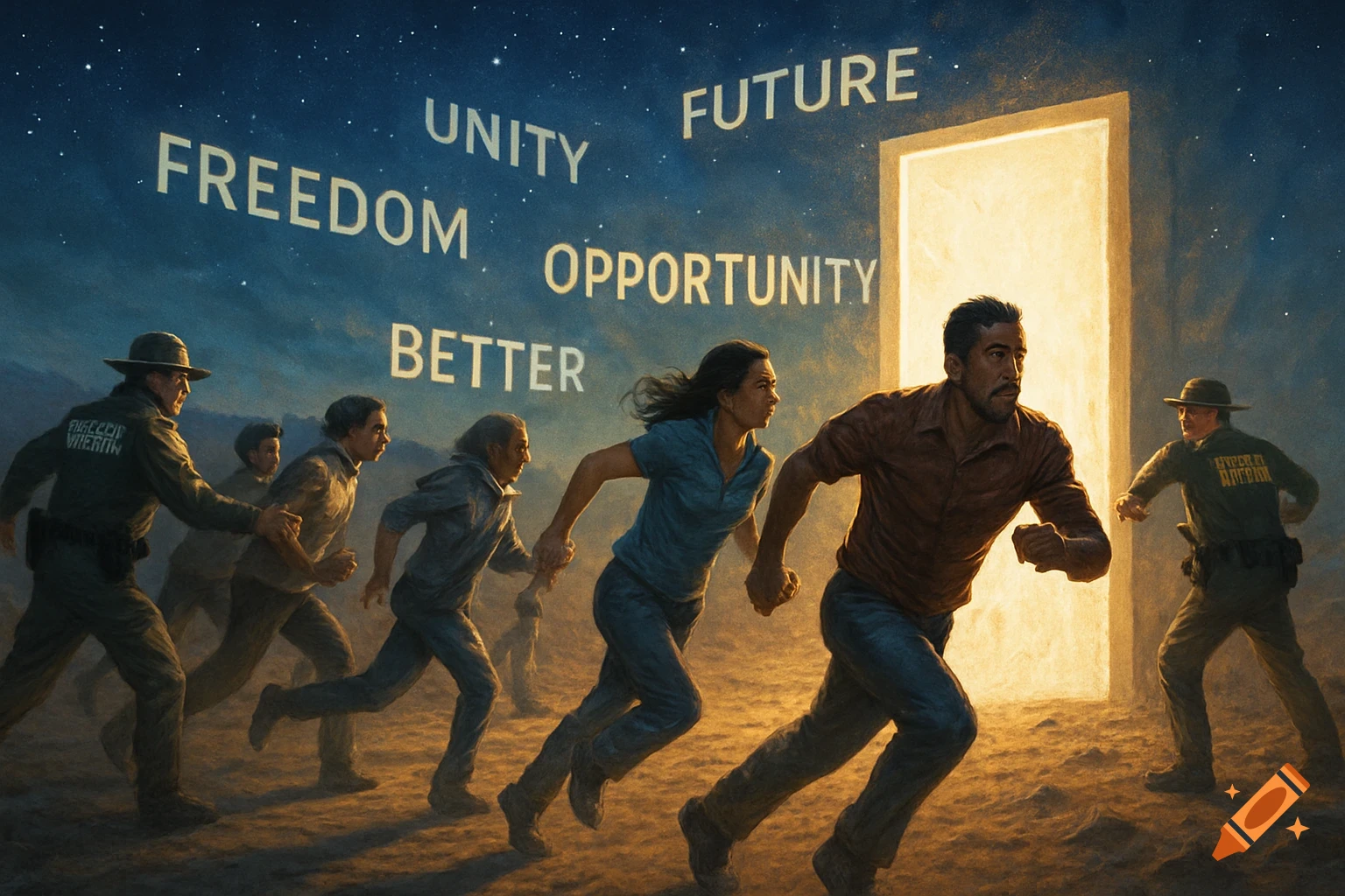 People, including a woman and a man, run towards a bright, glowing door under a starry sky. Words like 'FREEDOM', 'UNITY', 'FUTURE', 'OPPORTUNITY', and 'BETTER' float in the sky. Border patrol agents pursue some individuals in the background. Stylized painting.