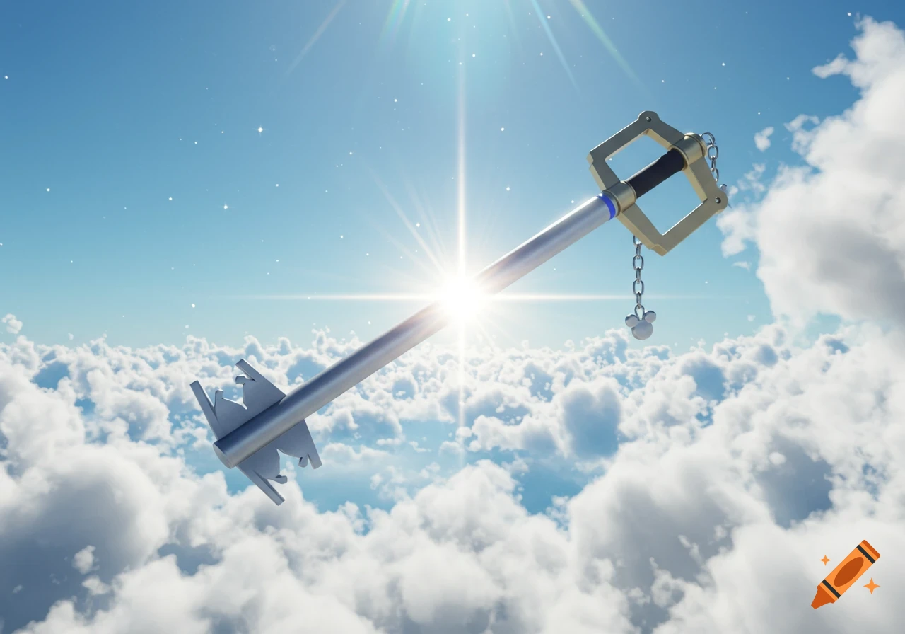 A Kingdom Key Keyblade from Kingdom Hearts, shining brightly as it floats through a blue sky filled with white clouds.