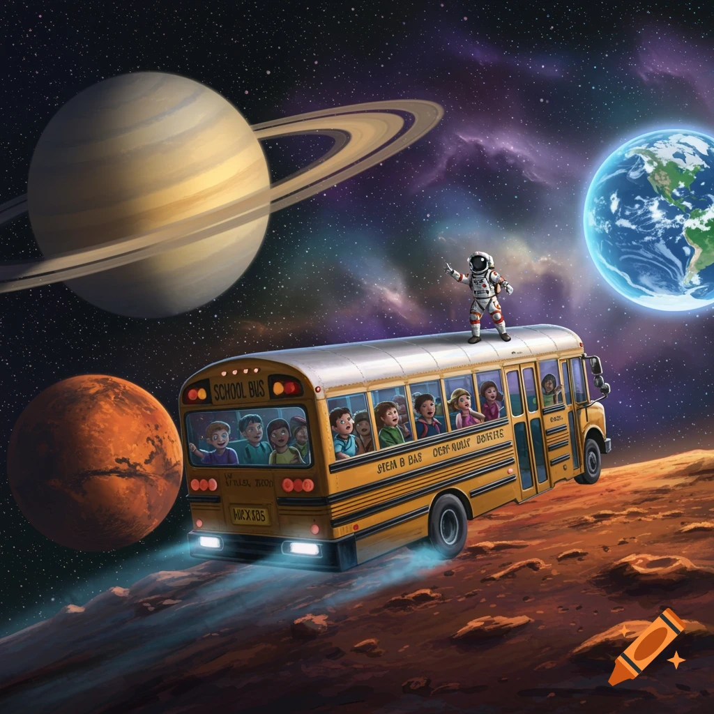 A school bus with children and an astronaut on its roof travels through space on a red planet, with Saturn and Earth in the background. Stylized illustration.