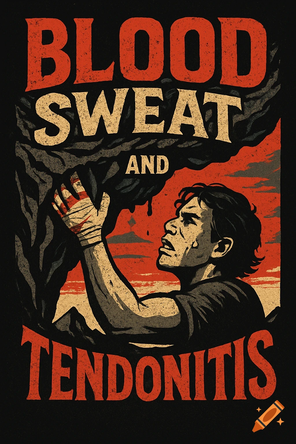 Distressed graphic art of a climber gripping a rock with bandaged hands. Text: 'BLOOD SWEAT AND TENDONITIS'.