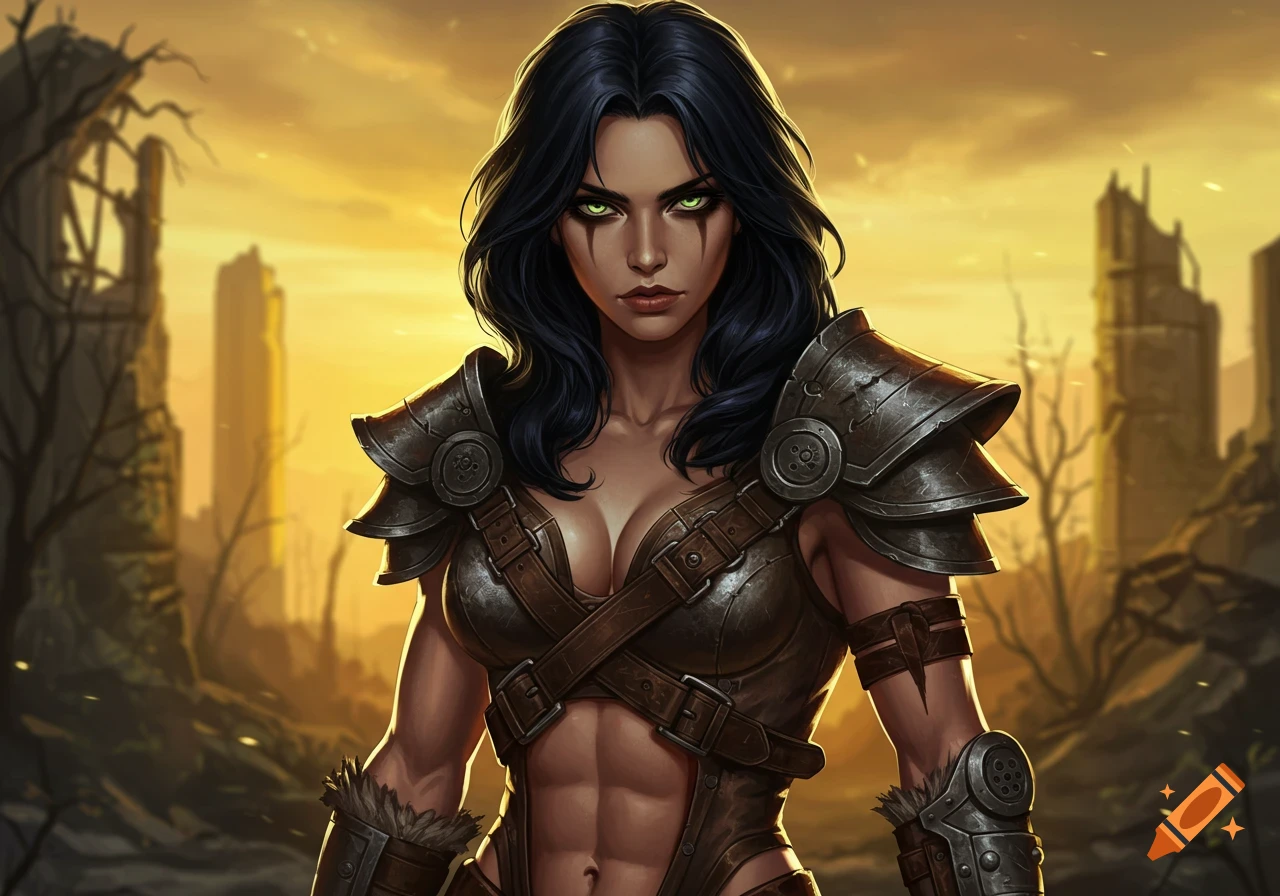 A dark-haired female warrior in detailed leather and metal armor with green eyes stands in a ruined landscape at sunset, in fantasy art style.