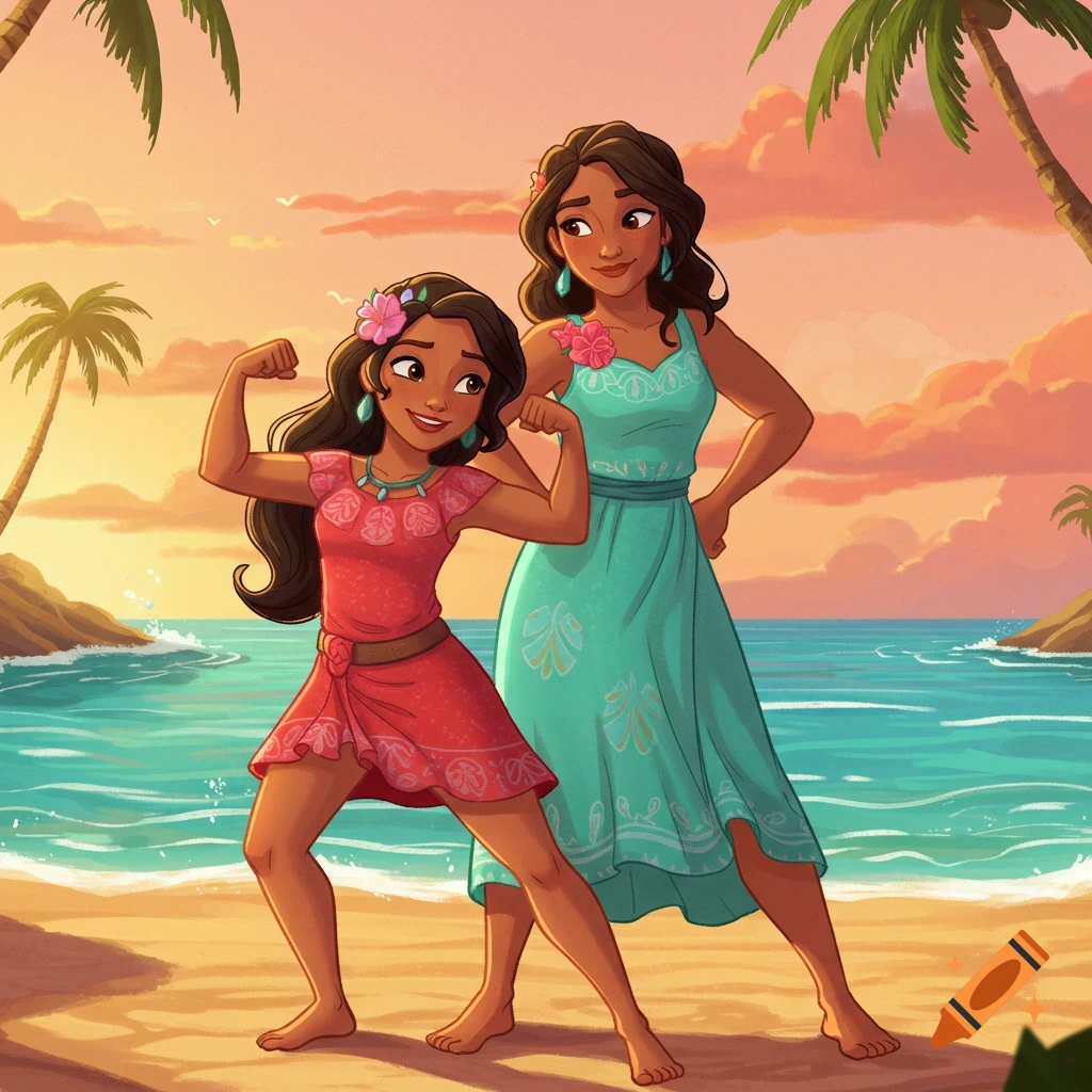 Cartoon of Elena of Avalor flexing her muscles next to her mother on a beach at sunset.