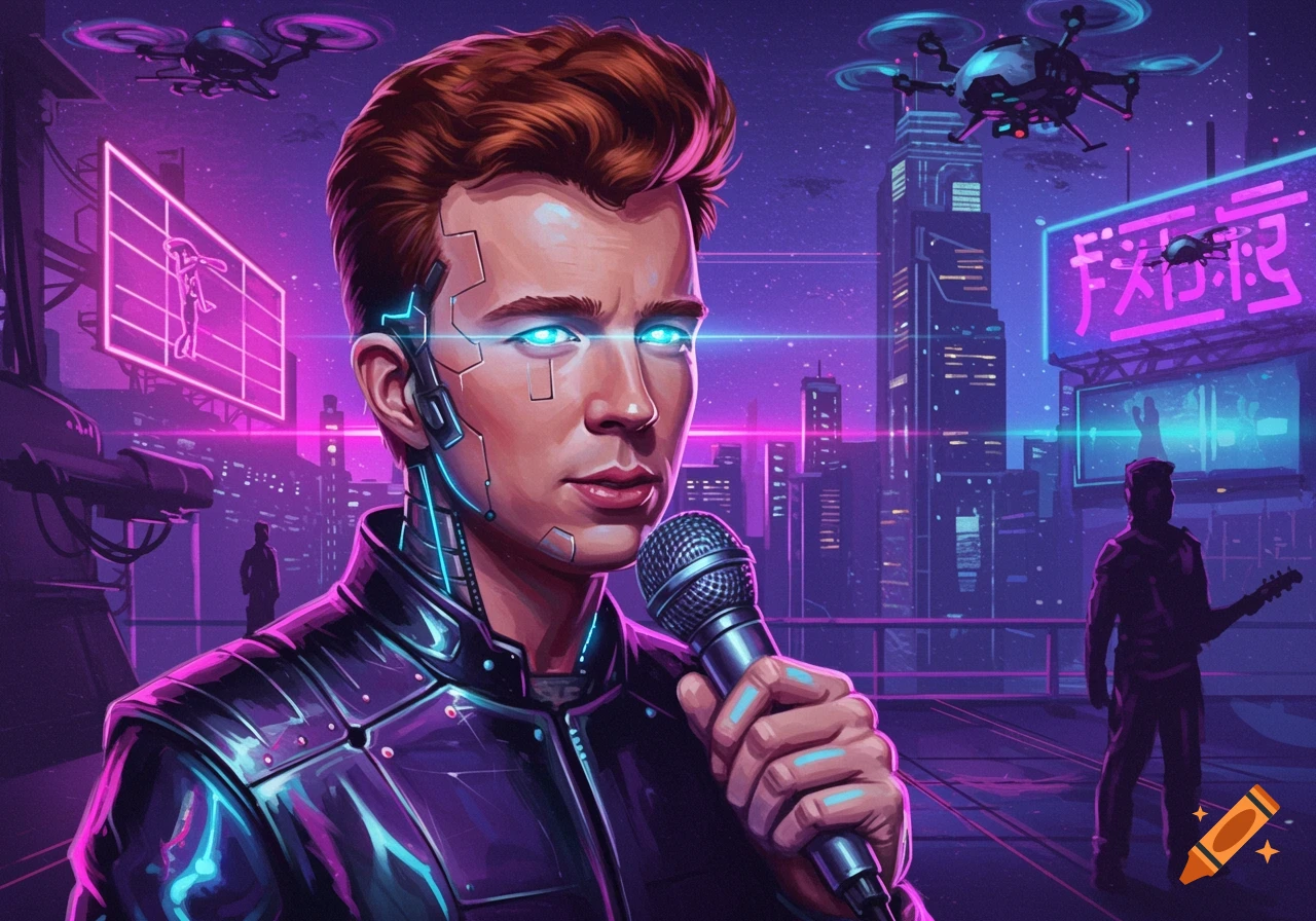 Cyberpunk Rick Astley as a cyborg holding a microphone in a neon-lit futuristic city with drones.