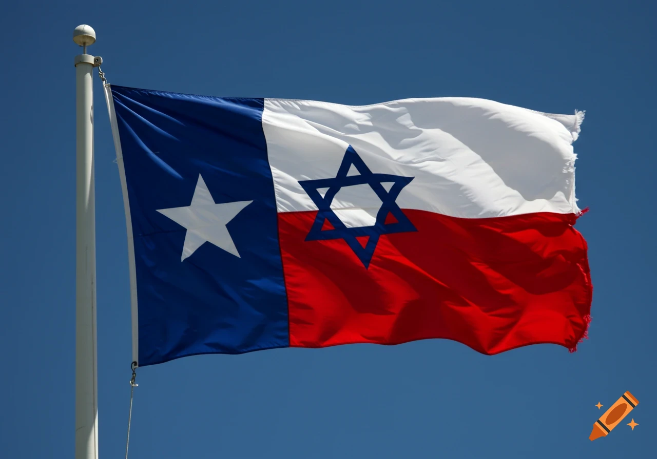 A photorealistic flag combining elements of the Texas and Israeli flags, featuring a white star and a blue Star of David, waving under a blue sky.
