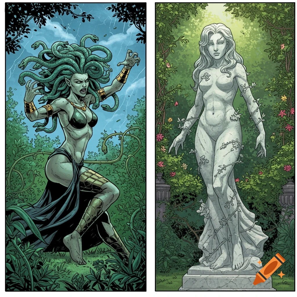 Comic art panels: Medusa with snake hair in a stormy jungle, and a nude stone statue of Poison Ivy entwined in vines within a lush garden.