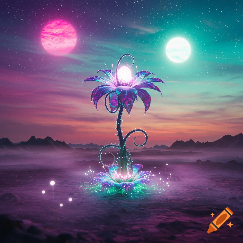 A vibrant alien plant with glowing lights stands on a misty purple landscape under a starry sky with pink and white moons.