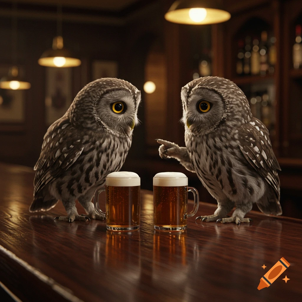 Two photorealistic owls on a bar counter with beer mugs, one pointing, in a dimly lit pub.