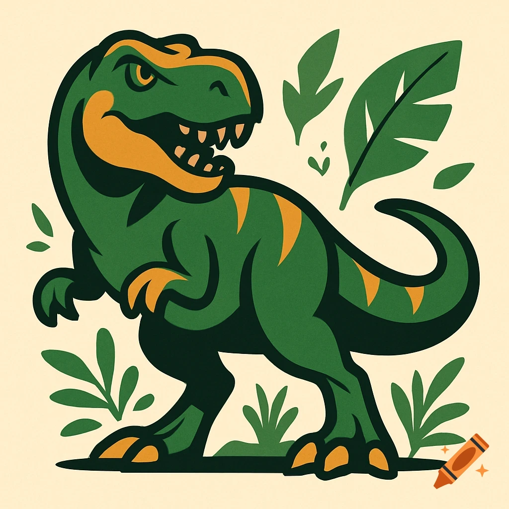 Stylized illustration of a green Tyrannosaurus Rex with orange markings, surrounded by green leaves, on a light background.