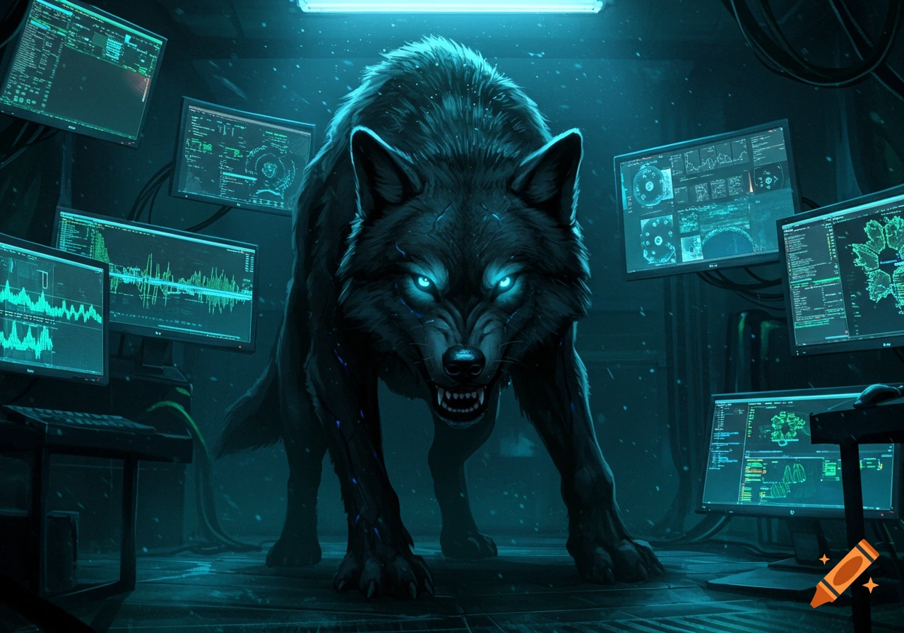 A menacing black wolf with glowing blue eyes growls in a dark, sci-fi room surrounded by multiple computer screens displaying cybernetic data.