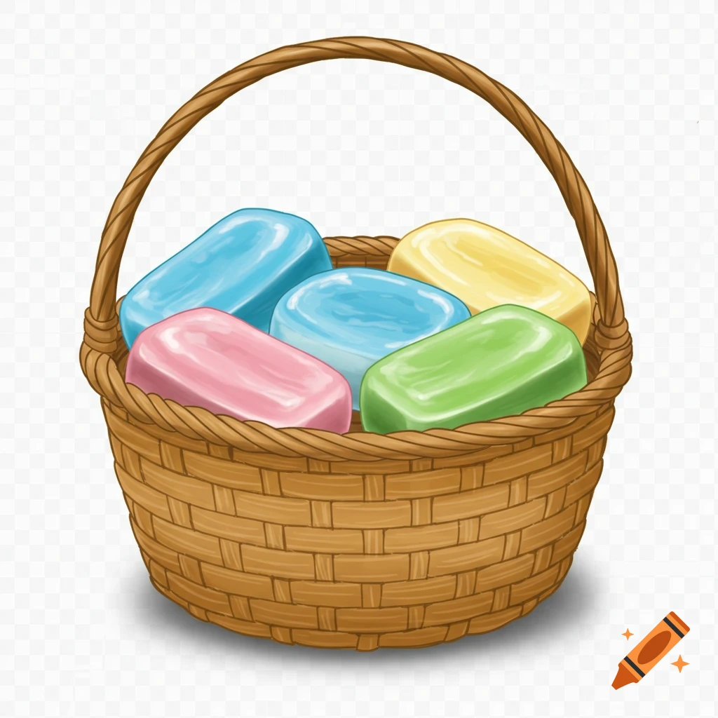 An illustrated woven basket with a handle, holding several colorful bars of soap in blue, pink, yellow, and green.