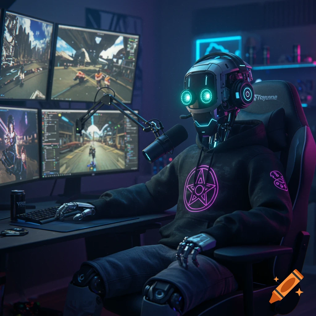 A cool robot in a black hoodie with a pink pentagram sits at a desk with multiple monitors, a microphone, and a gaming setup, illuminated by neon lights.