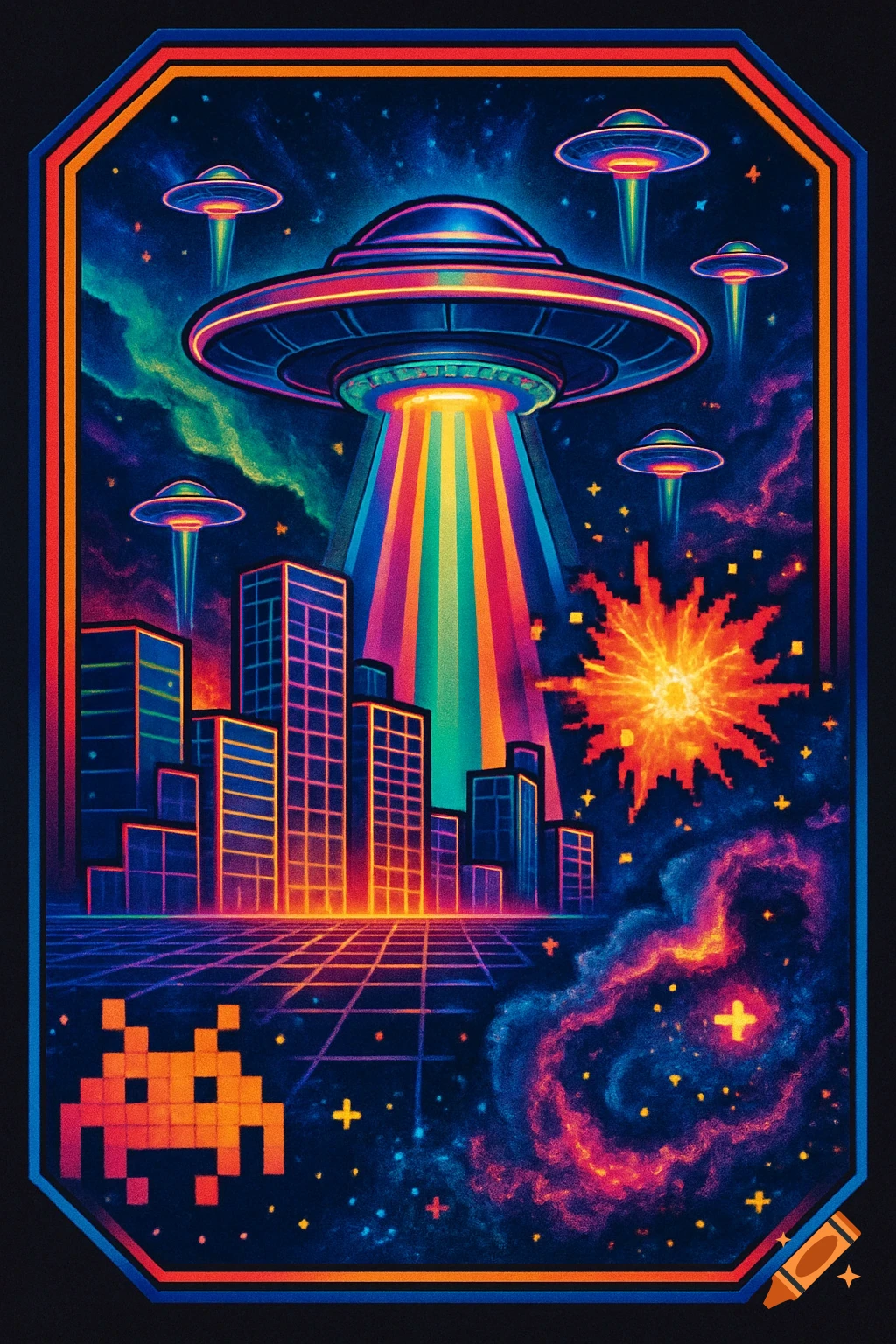 Vibrant neon illustration of UFOs above a retro-futuristic city with a pixel art Space Invader and cosmic explosions.
