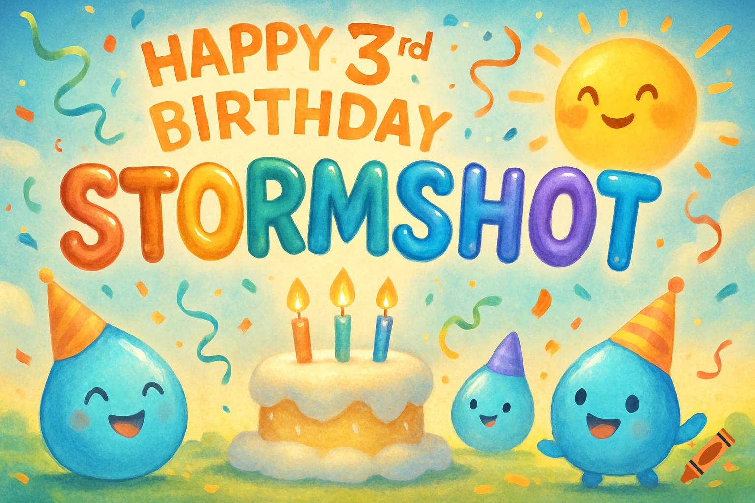 Colorful illustration of a birthday celebration with the text "HAPPY 3rd BIRTHDAY STORMSHOT", a cake with three candles, smiling blue water drop characters wearing party hats, and a cheerful sun.