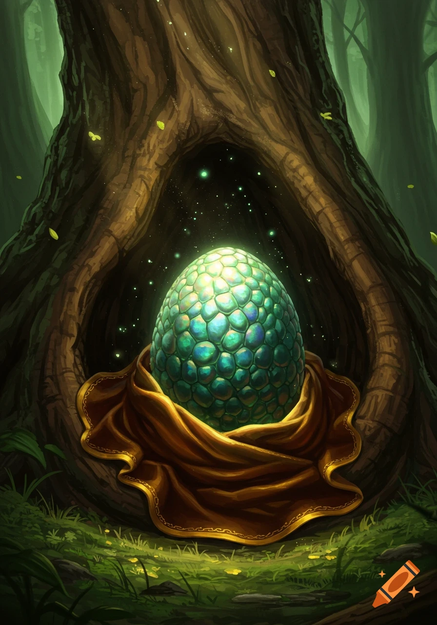 A glowing, scaly green dragon egg nestled in a brown blanket inside a tree trunk in a magical forest.