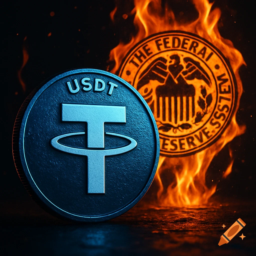 A dark blue coin with the USDT logo stands in front of a burning Federal Reserve logo in a dramatic, photorealistic style.
