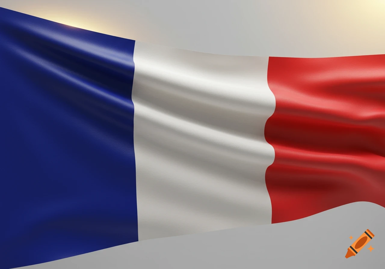 A realistic image of a French flag waving gently with soft lighting from above.