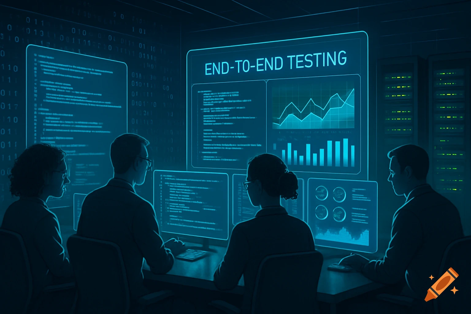 Four people in an office setting look at multiple glowing blue computer screens displaying 'END-TO-END TESTING' along with charts and garbled code.
