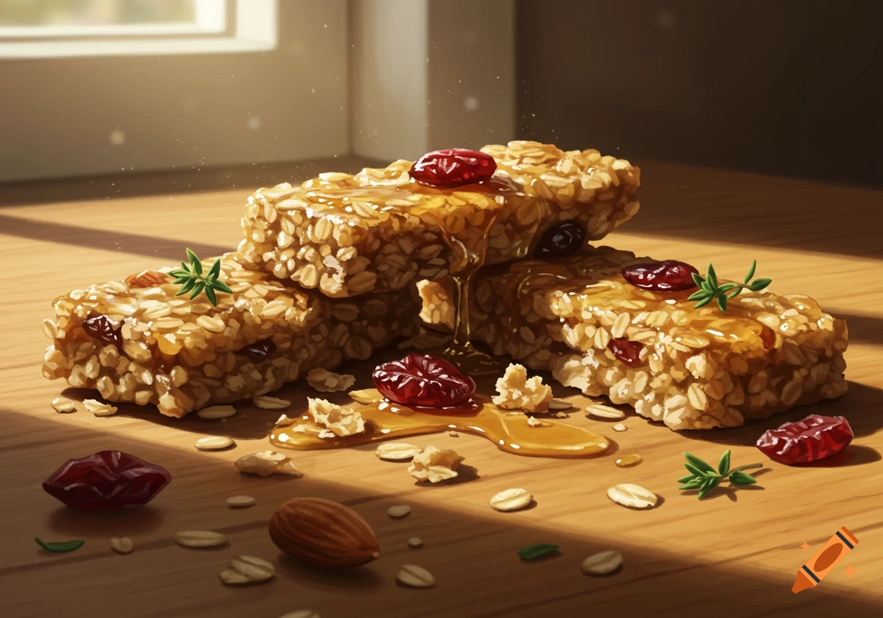 Photorealistic illustration of stacked granola bars drizzled with honey, with cranberries, oats, and an almond on a wooden table.