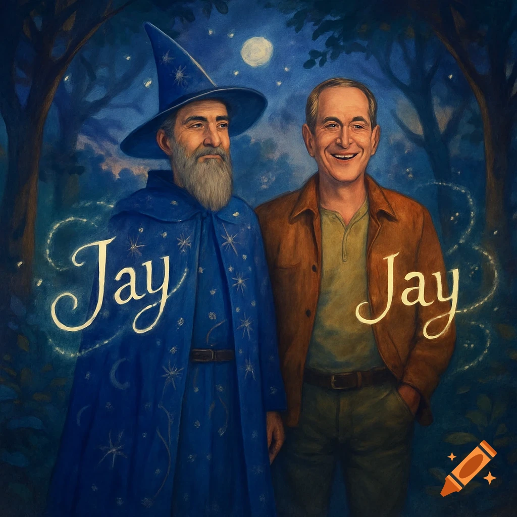 A painterly image of two men named Jay in a whimsical forest at night, one as a bearded wizard in a blue starry robe, the other in a brown jacket.