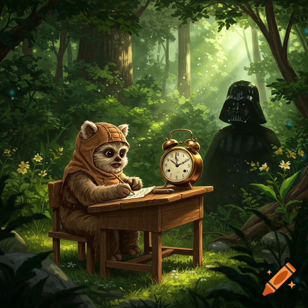 A whimsical illustration of an Ewok writing at a wooden desk in a lush forest, with Darth Vader peering from the background.