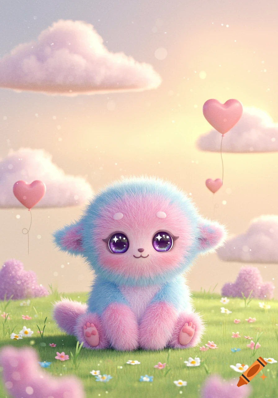 A fluffy, adorable pink and blue creature with large sparkling eyes sits in a sunny field with flowers and heart-shaped balloons.