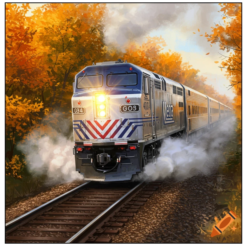 Detailed digital painting of a silver and blue Metra train moving through an autumn forest with vibrant orange and yellow trees.