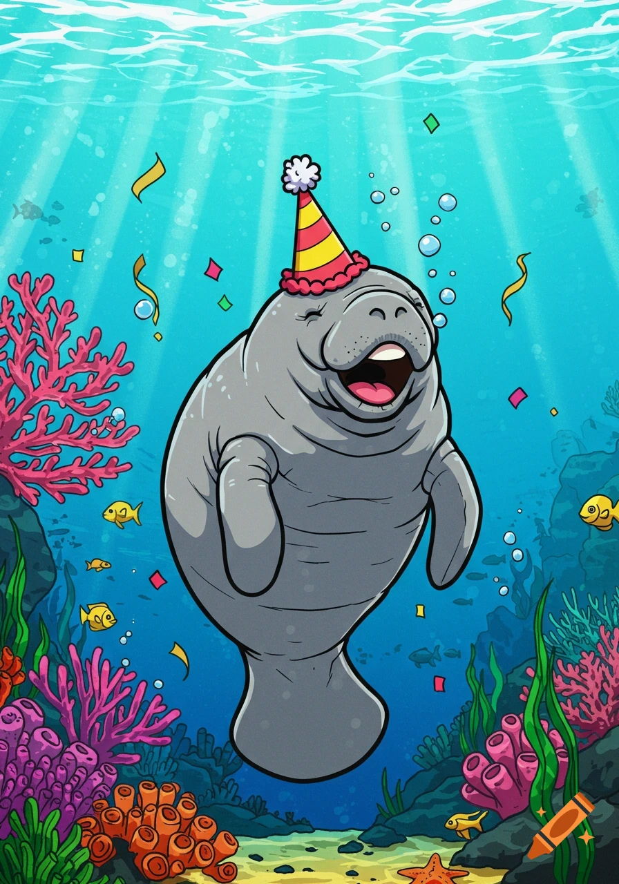 A laughing manatee in a party hat swims underwater with confetti, fish, and colorful coral in a 2D cartoon style.