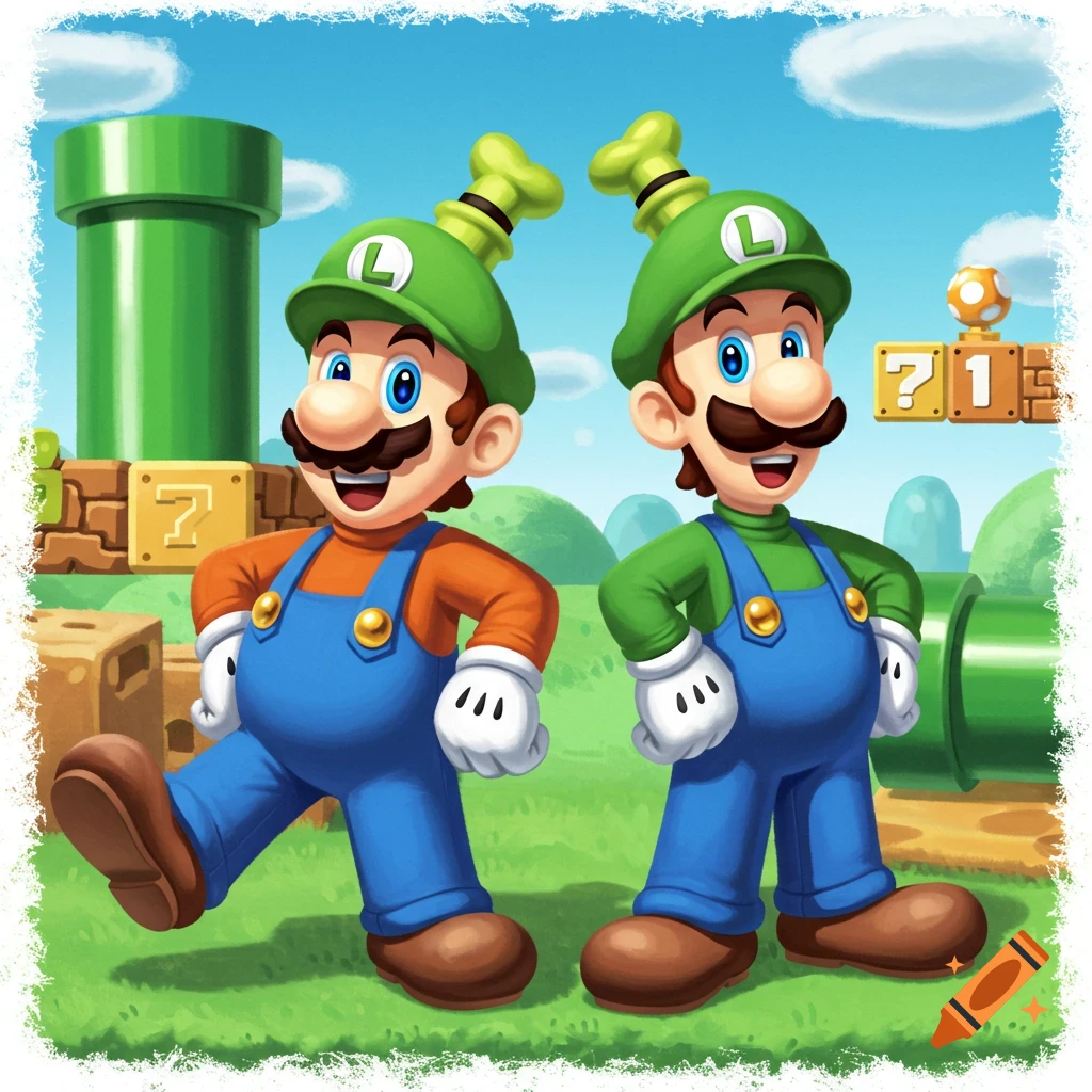Cartoon Mario and Luigi characters in green Goofy hats, overalls, and gloves, posing in a vibrant Super Mario world with pipes and blocks.