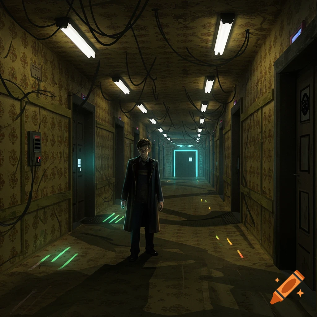 A man in a trench coat stands in a long, dimly lit, eerie hallway with fluorescent lights and exposed wires, in a sci-fi/horror style.