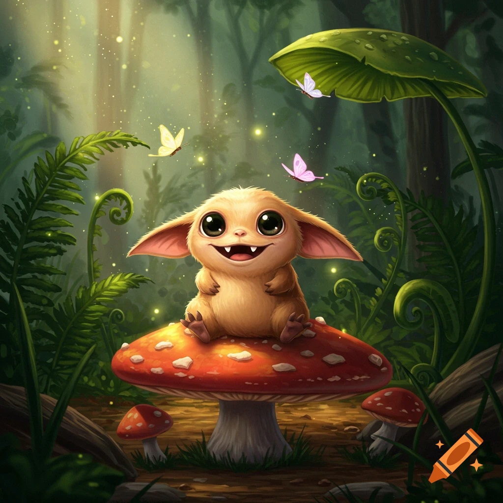 A cute, furry, big-eyed creature with large ears sits smiling on a red mushroom in a magical forest with glowing particles and butterflies.