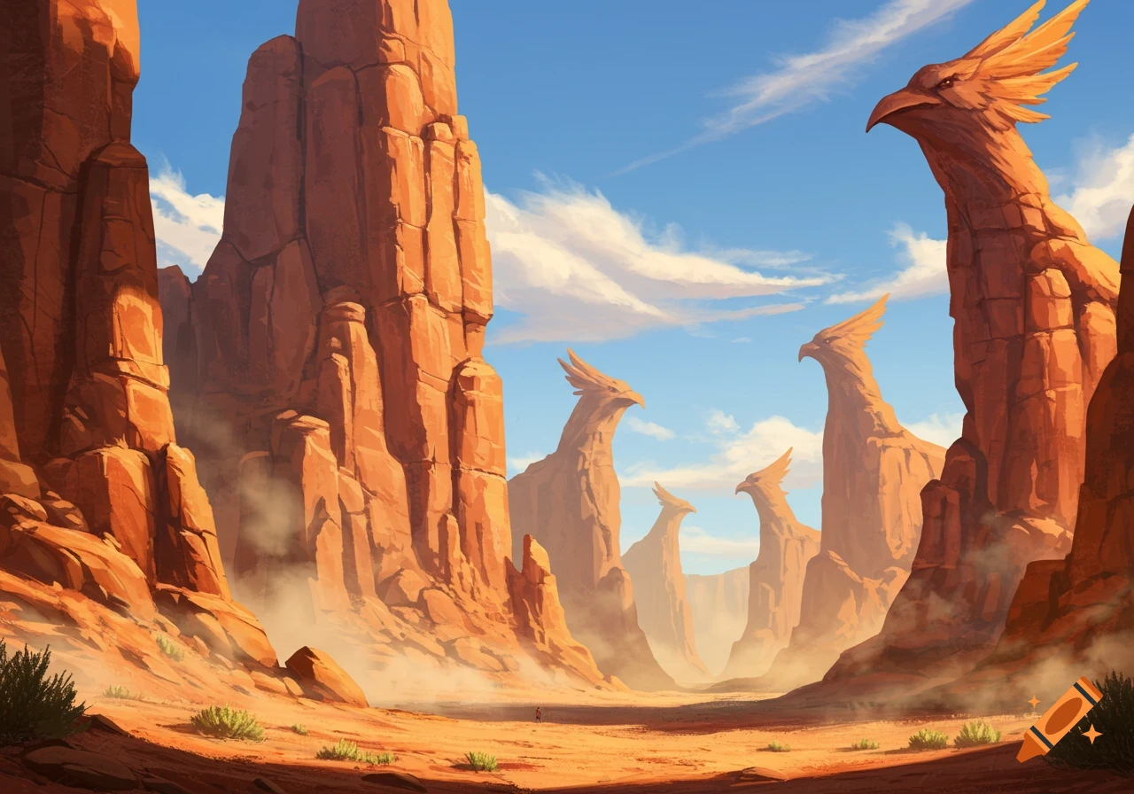 A stylized desert canyon features towering red rock formations resembling large, majestic bird heads under a clear blue sky.