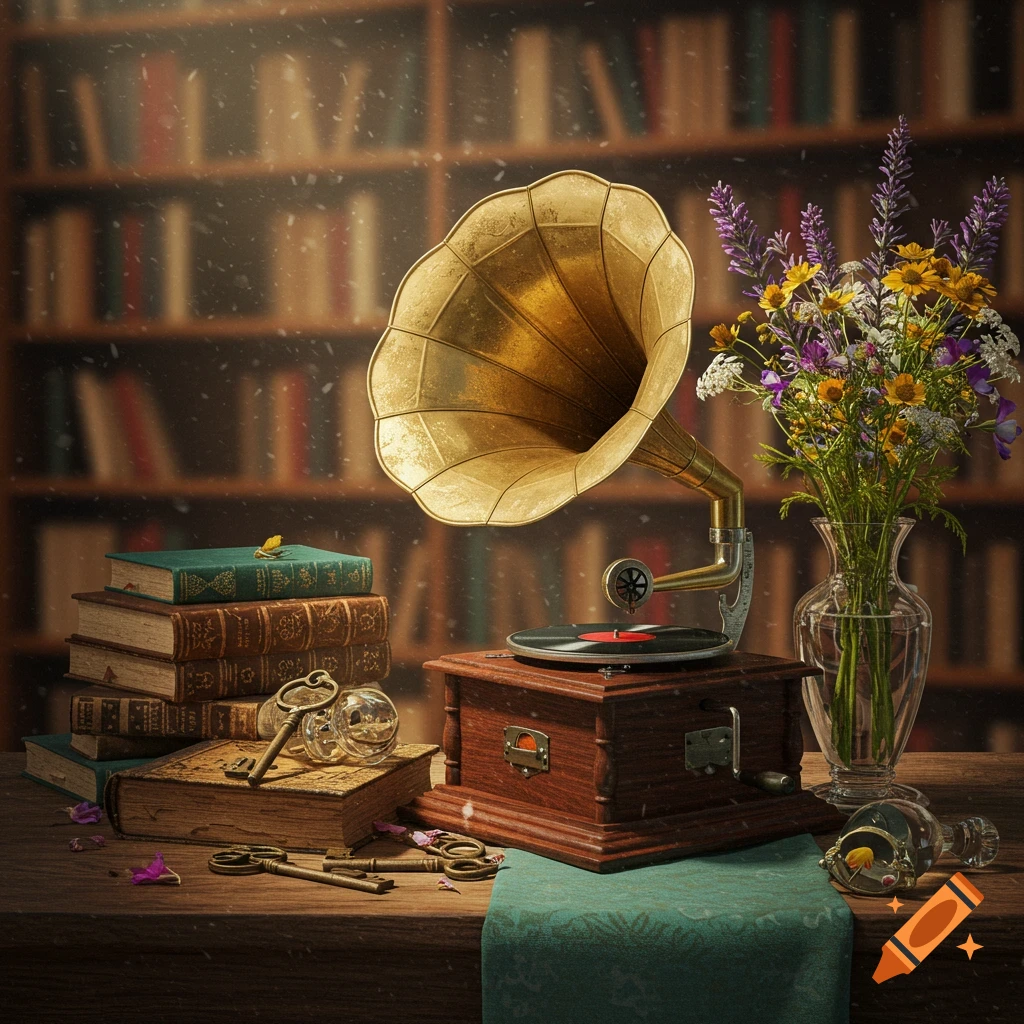 A photorealistic still life with a vintage gramophone, stacked old books, scattered keys, and a vase of wildflowers on a wooden table, against a blurry bookshelf.