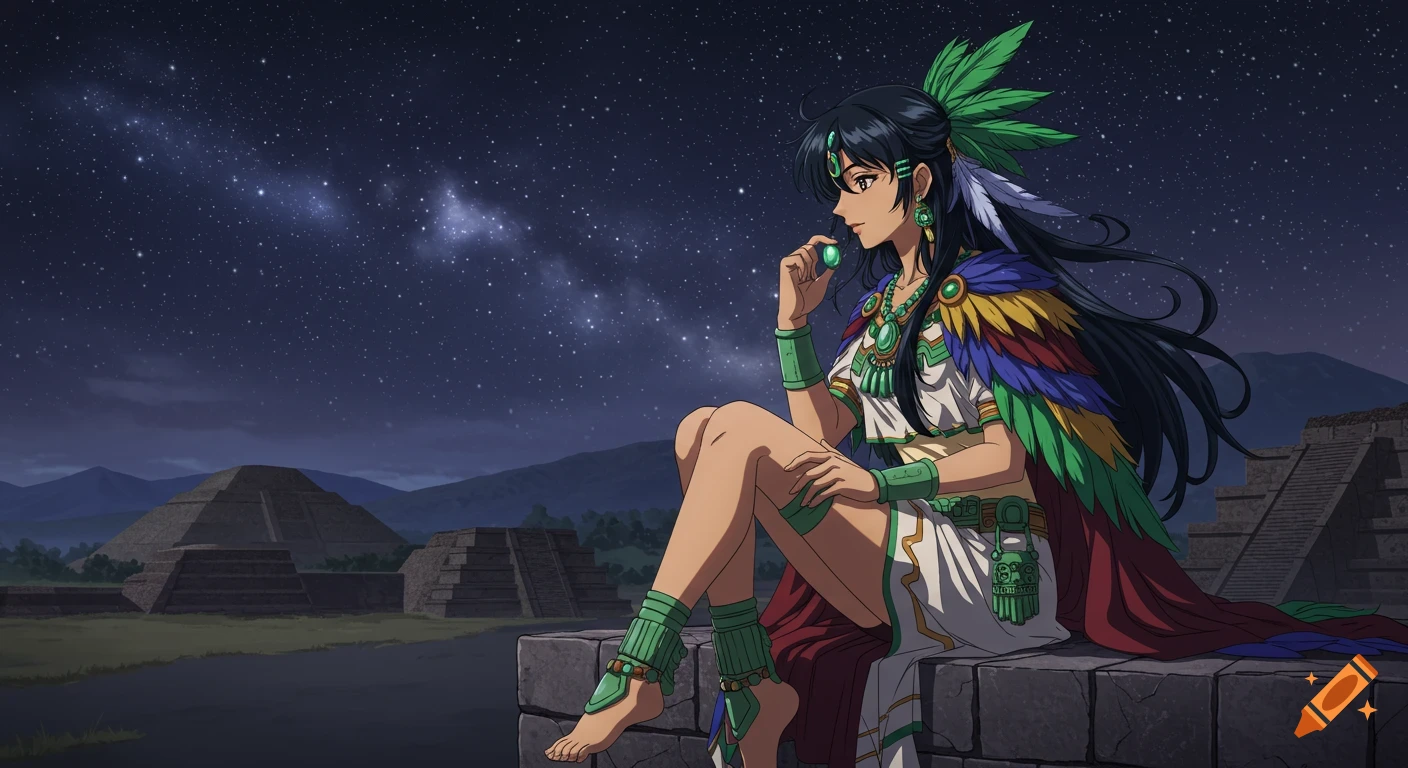 Anime princess with feathered cape sits on a stone ledge, gazing at the ancient city of Teotihuacan under a starry night sky.
