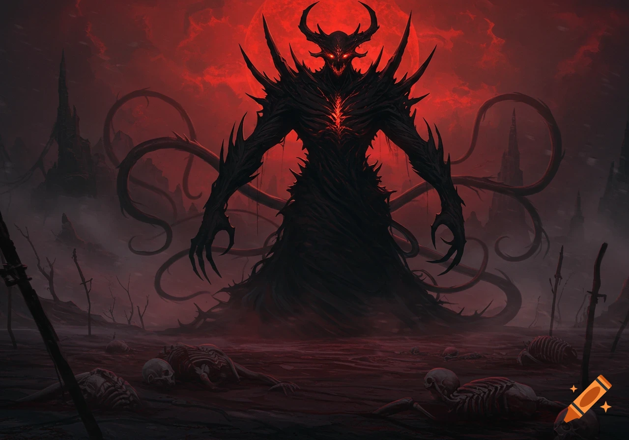 A dark, demonic entity with horns and sharp spikes stands over a desolate, blood-red landscape littered with skeletons under a red moon. Dark fantasy art style.