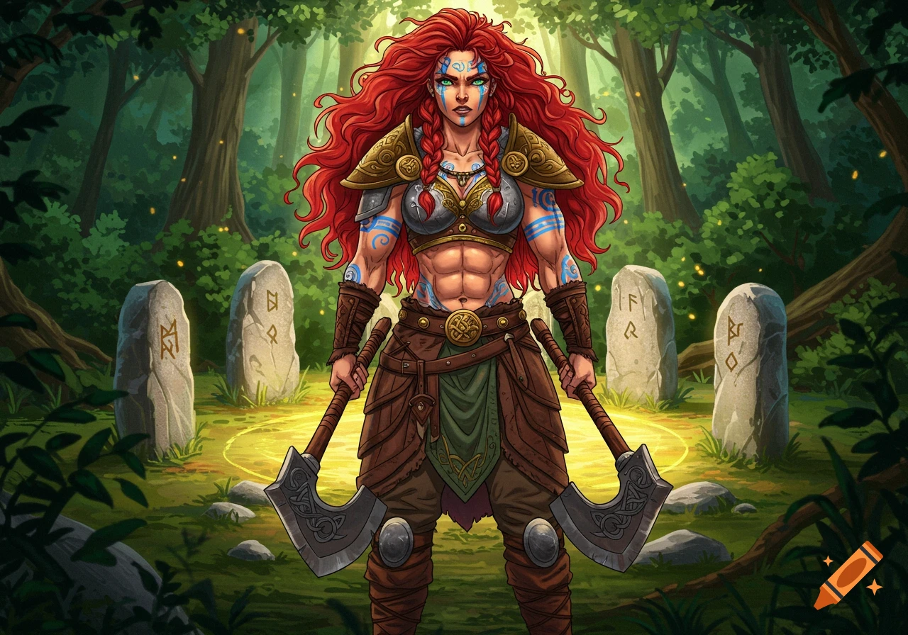 Anime-style Celtic warrior woman with red hair, blue face paint, and armor, holding two axes, in a forest druid shrine.