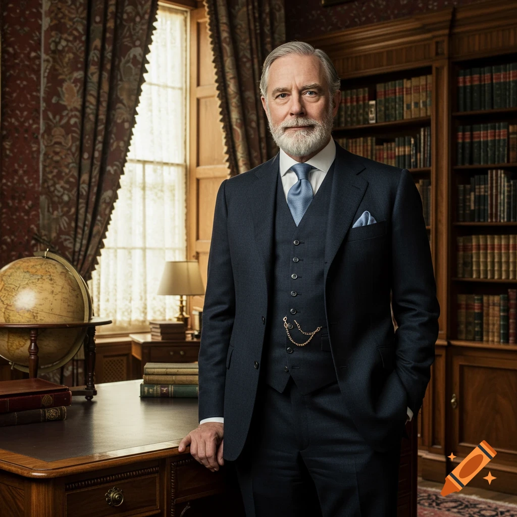 A distinguished older man with a grey beard and dark suit stands in a wood-paneled study with bookshelves.