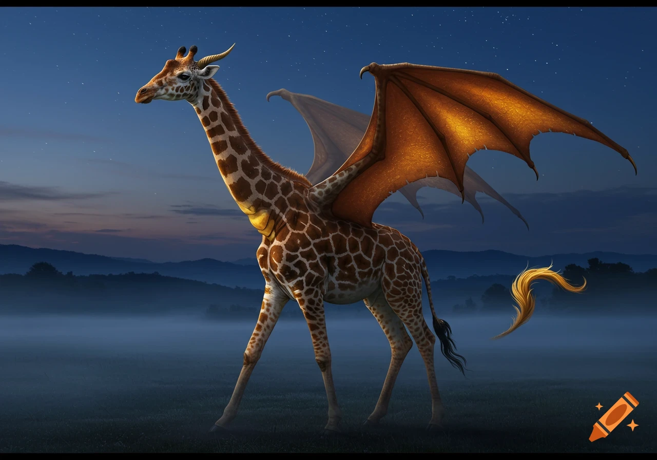 A majestic giraffe with glowing orange dragon wings and a golden dragon tail walks through a misty field under a starry night sky.