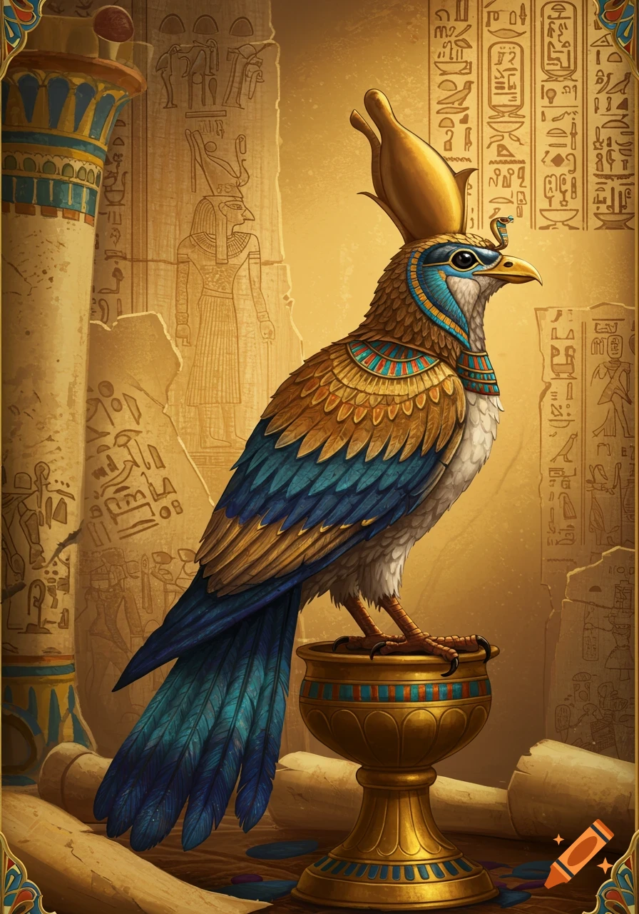 An ornate bird wearing an Egyptian crown and jewelry, perched on a golden chalice, with hieroglyph-covered columns in the background.