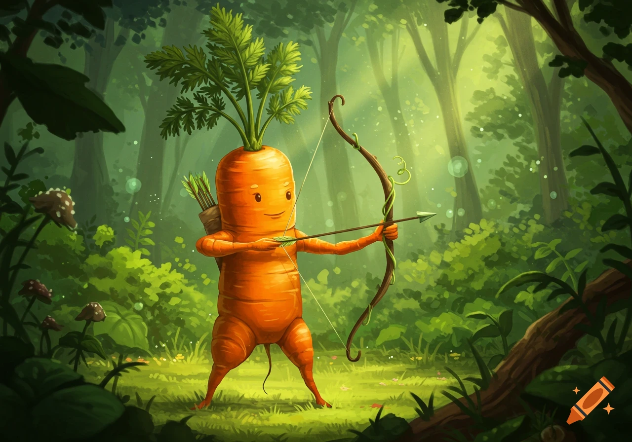 A cute cartoon carrot character, with leafy greens for hair, stands in a vibrant forest, aiming a bow with a quiver of arrows on its back.